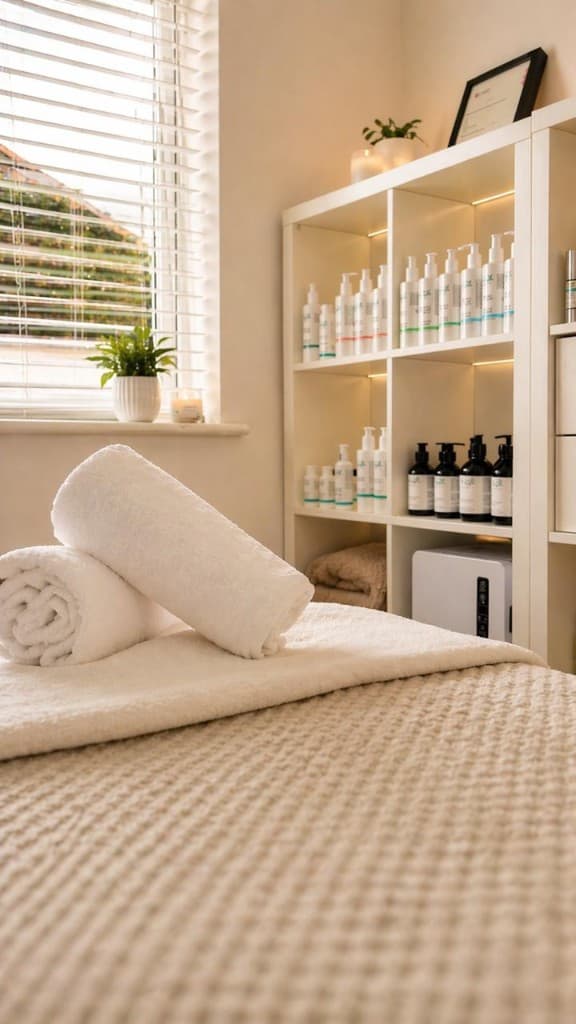 Bright, serene treatment room with rolled white towels on a bed, a window with soft daylight, and warm backlit product shelving with professional skincare products.
